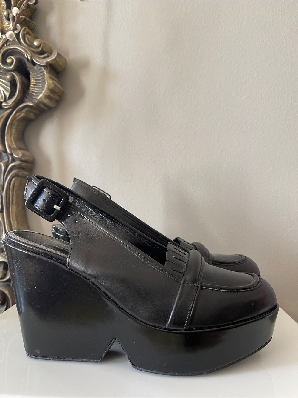 Robert Clergerie Black Patent Leather Slingback platform slingback shoes France